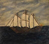 Naive school, a gilt framed oil on board of a sailing ship under full sail, unsigned. H.58cm W.63cm