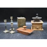 A collection of vintage collectable items. To include a coffee grinder, a blotter, three