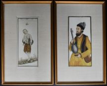 A pair of Eastern framed and glazed paintings, musicians. H.30cm W.19cm