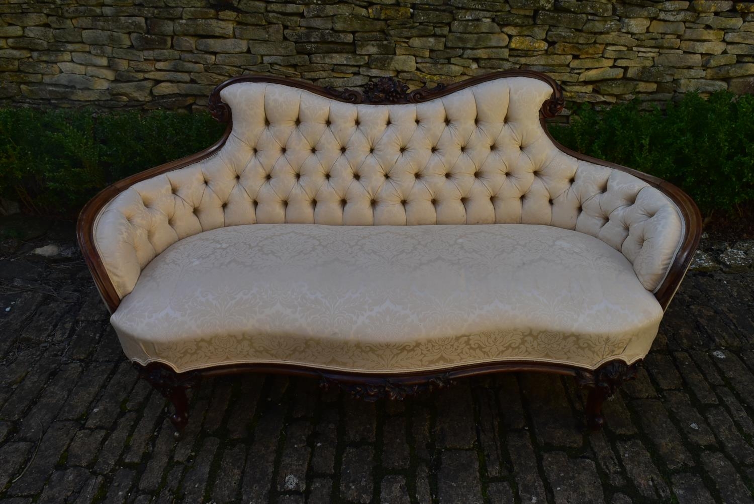 A Victorian carved rosewood frame sofa in deep buttoned damask upholstery on cabriole supports. H.89 - Image 2 of 9