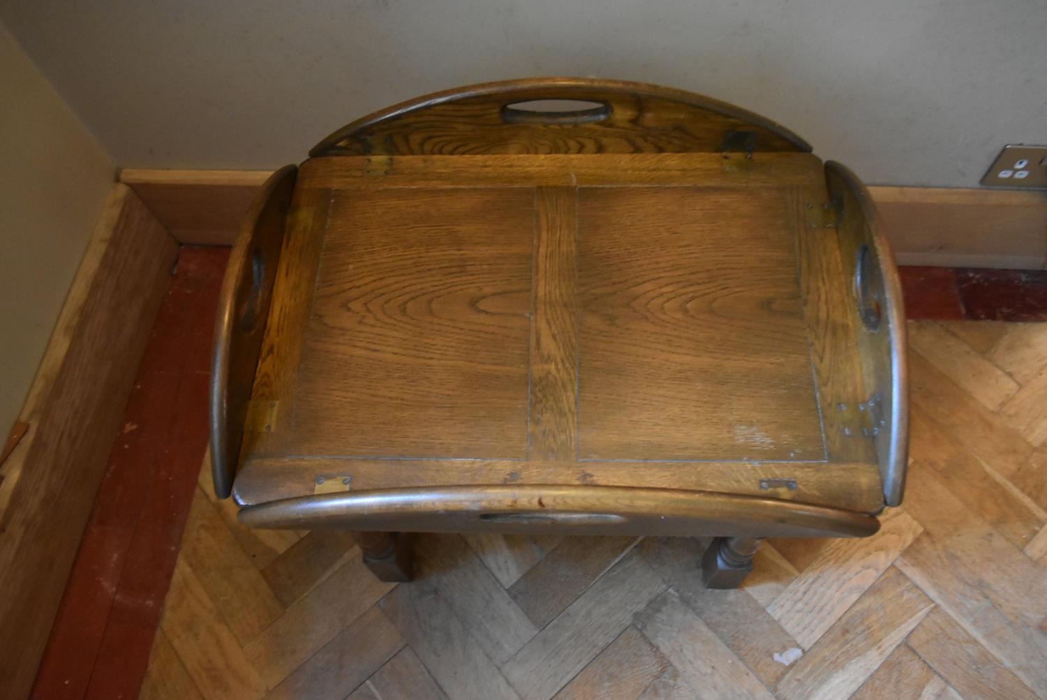 An antique style country elm hinged flap butler's tray on stand. H.48 W.75 D.60cm - Image 4 of 8