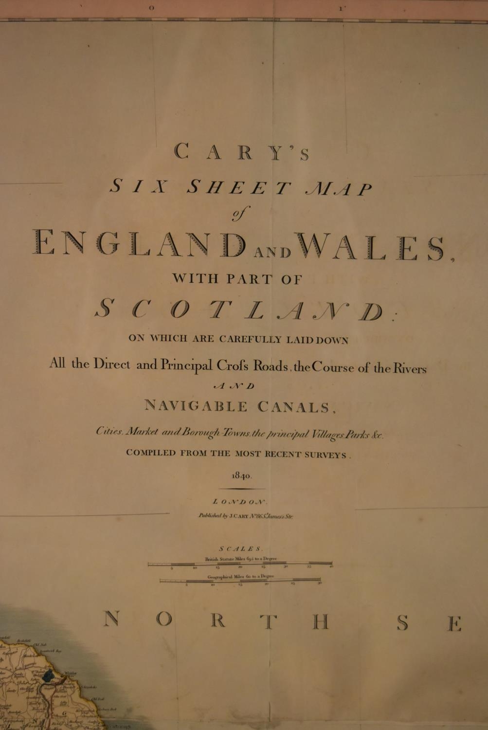 A large 19th century framed and glazed Cary's Six Sheet Map of England and Wales with part of - Image 3 of 5