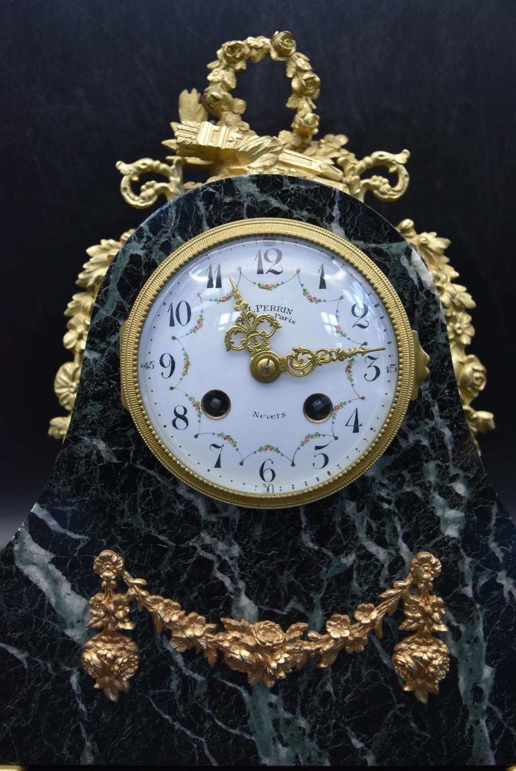 H. Perrin - A 19th century French garniture marble mantel clock and tazza form side pieces, - Image 4 of 15