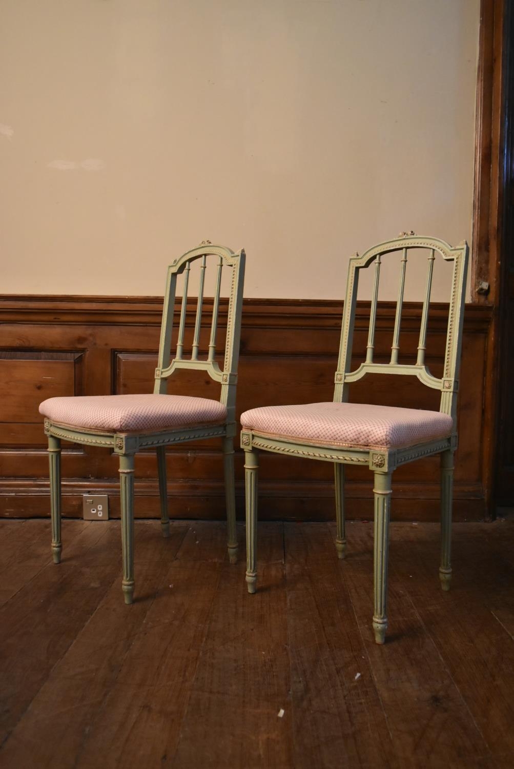 A pair of 19th century Louis XVI style painted salon chairs with carved rosebud top rails above - Image 5 of 7