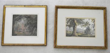 A framed and glazed watercolour, country house through trees along with a similar painting of a