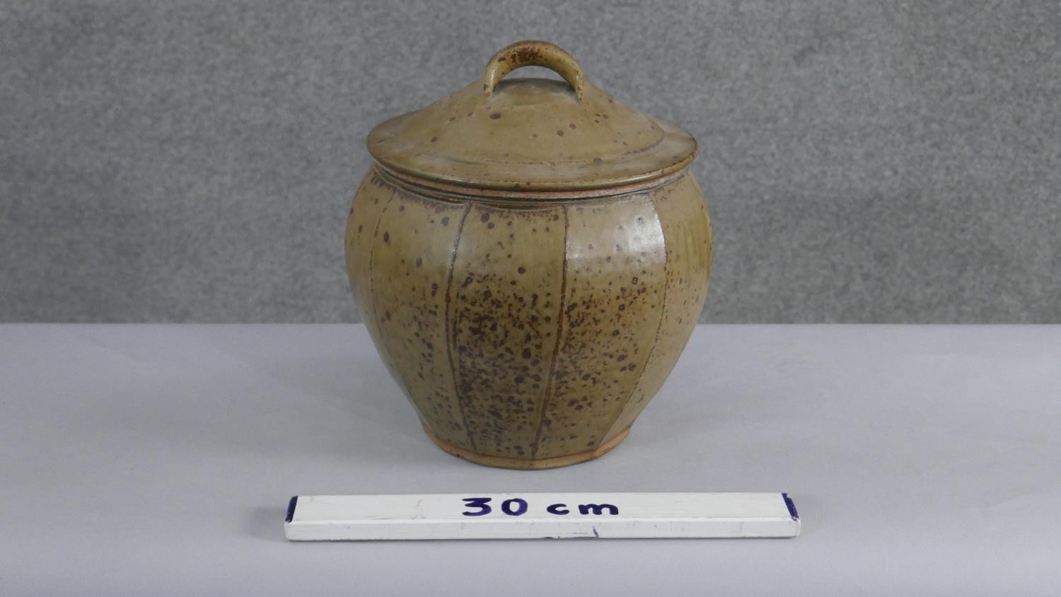 Phil Rogers (1951-2020) - a large art pottery jar and handled cover with green ash glaze, the body - Image 6 of 6