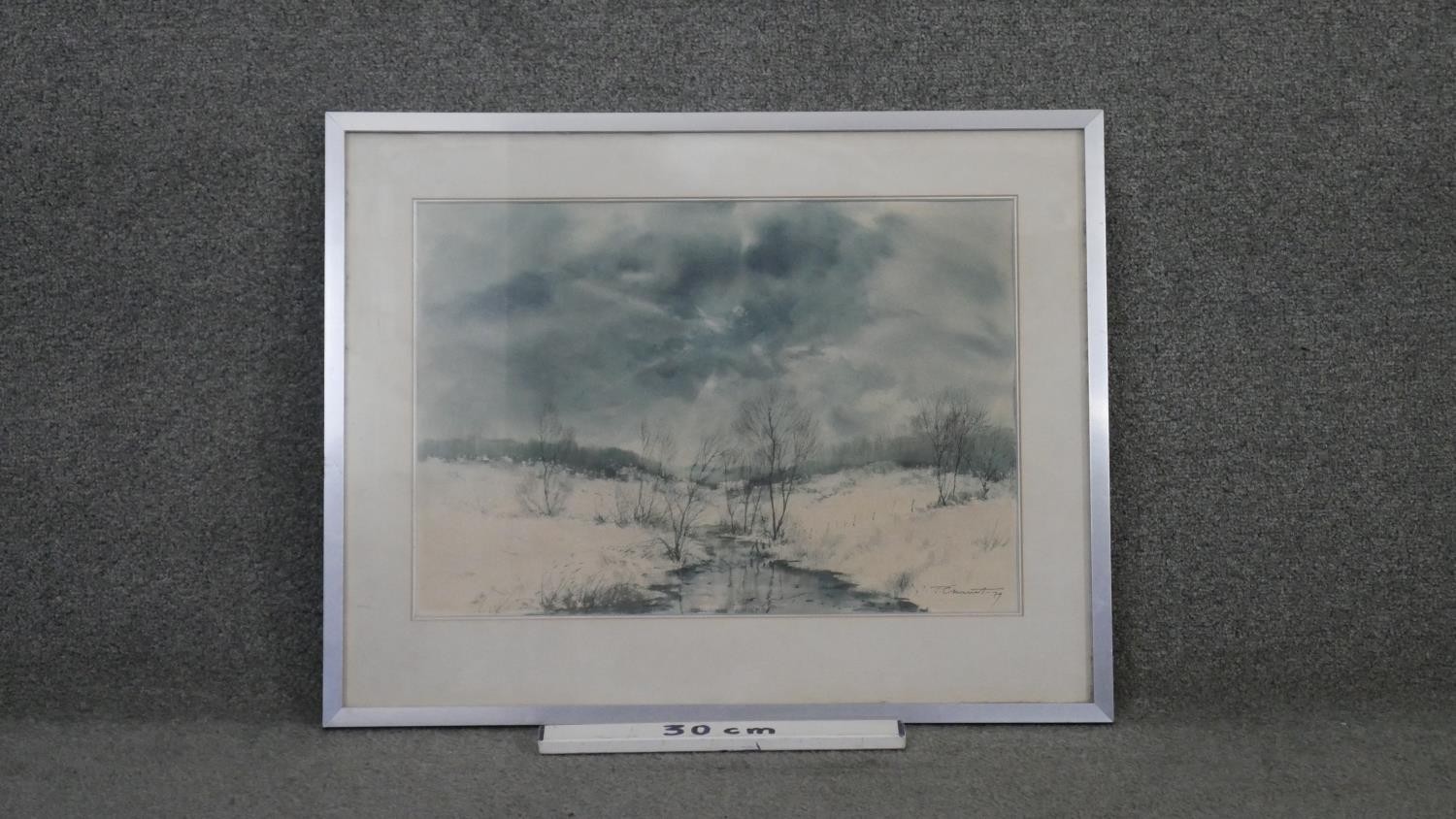 Pierre Chariot (1929 - ) A framed and glazed snowy winter riverscape. Signed. H.53 W.66cm - Image 4 of 4