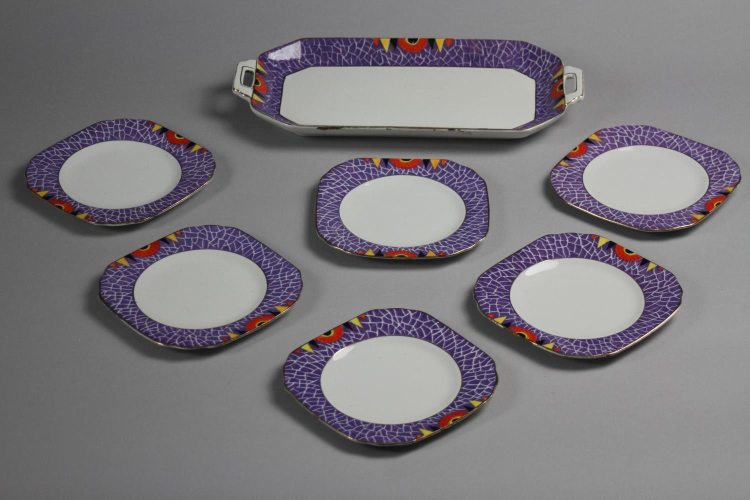 A Barkers & Kent ceramic hand painted geometric design six person cake set with octagonal cake - Image 3 of 9
