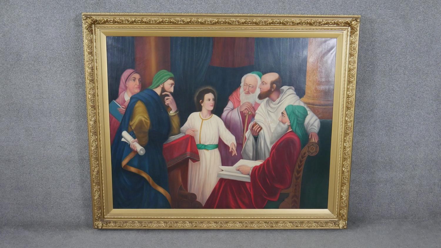 A large gilt framed oil on canvas of 'Christ Among the Doctors.' Unsigned. H.138 W.168cm - Image 2 of 7