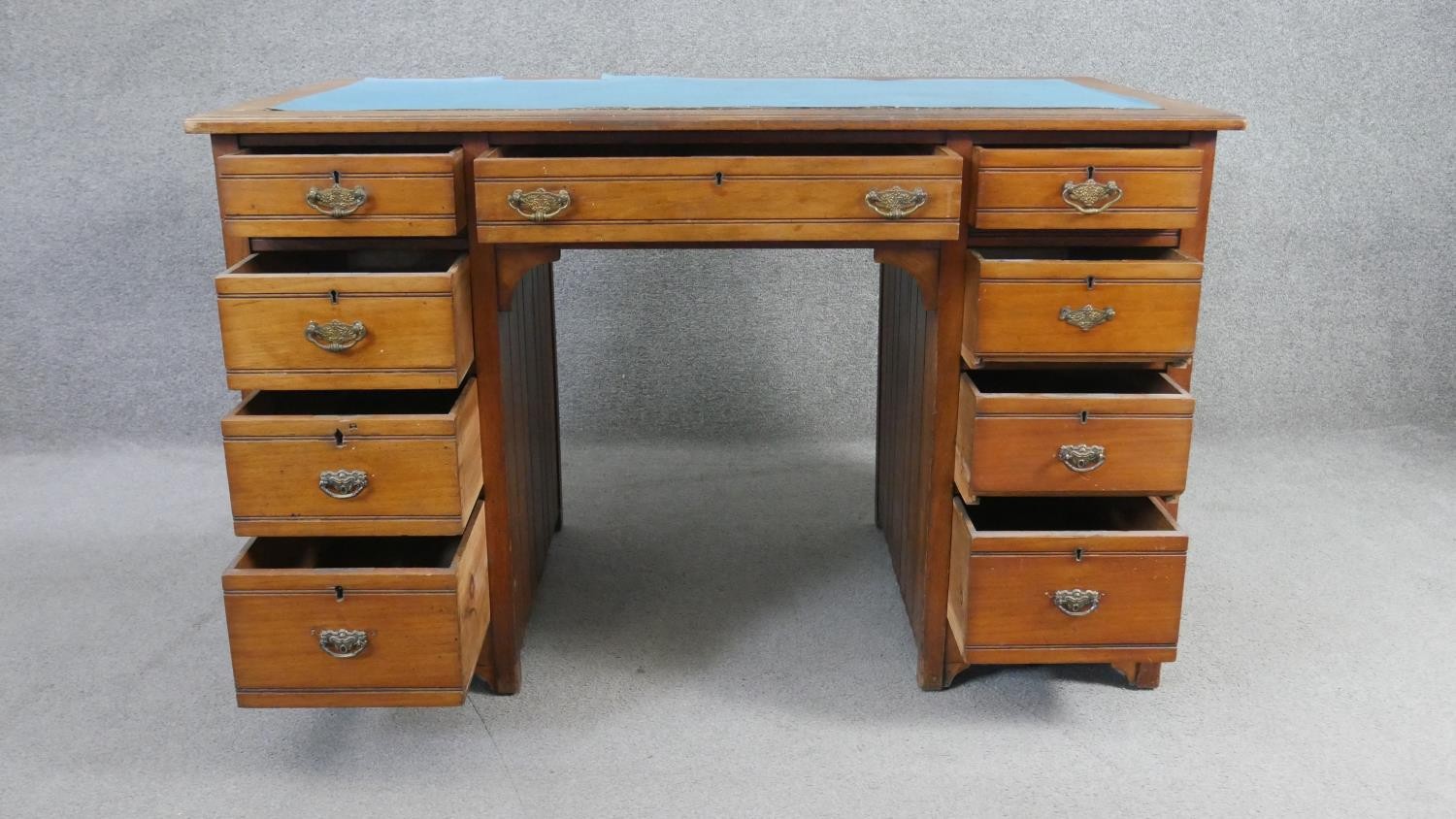 A late 19th century walnut pedestal desk with an arrangement of nine drawers on stile supports. H.66 - Image 3 of 8