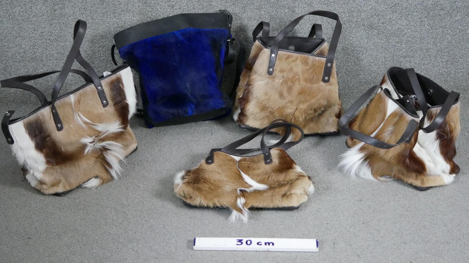 Five Caroline Burns goat skin and leather hand bags, one dyed dark blue, each with designer label to - Image 2 of 5
