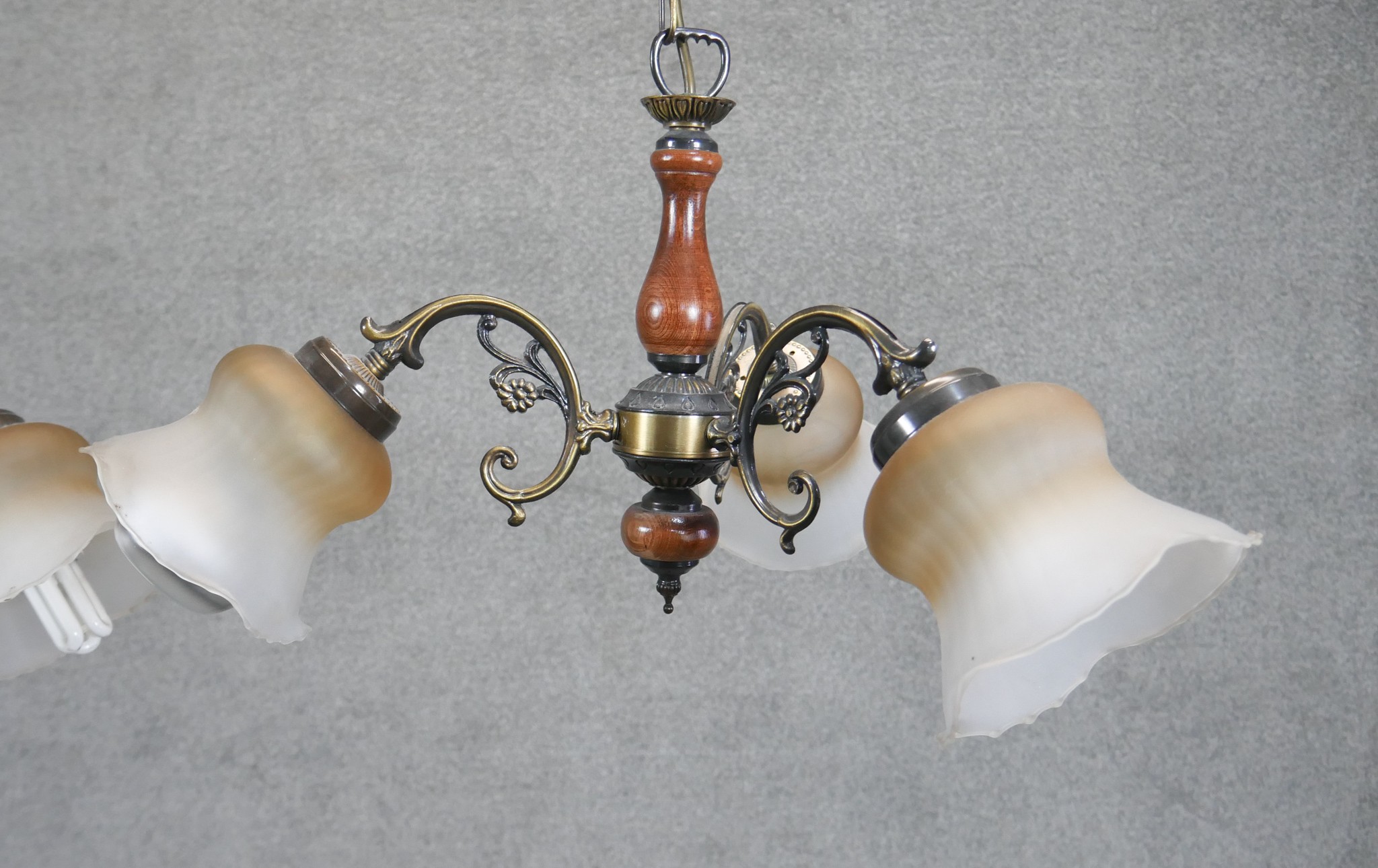 A pair of brass and wood effect three branch chandeliers with opaque fluted glass shades. Diam.50cm - Image 3 of 5