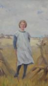 Ernest Copestick -a framed oil on canvas of a girl in a hay field. Signed. H.72 W.56cm