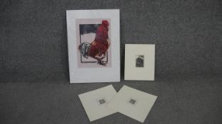 Four unframed woodblock prints. One of a Cockerel by H.J. Jackson, artists history to the back,