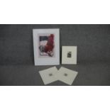 Four unframed woodblock prints. One of a Cockerel by H.J. Jackson, artists history to the back,