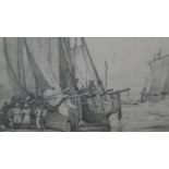 A 19th century framed and glazed pencil drawing of boats with figures. Indistinctly signed and dated