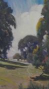 Frederick Hall (1860 - 1948) - a framed oil on canvas of a hillside landscape with trees. Signed by