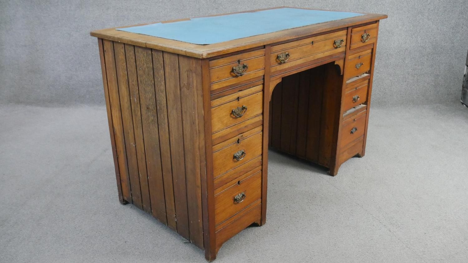 A late 19th century walnut pedestal desk with an arrangement of nine drawers on stile supports. H.66 - Image 4 of 8