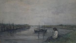 A framed and glazed watercolour of a figure watching the boats come into harbour. Unsigned. H.55 W.