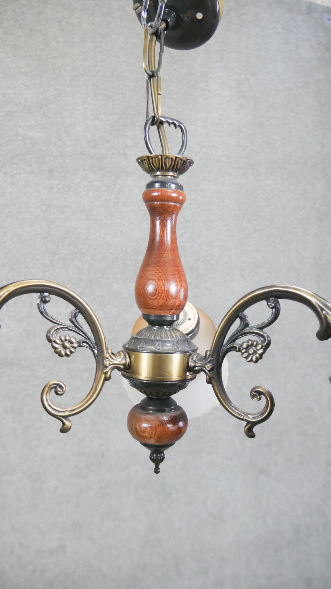 A pair of brass and wood effect three branch chandeliers with opaque fluted glass shades. Diam.50cm - Image 4 of 5