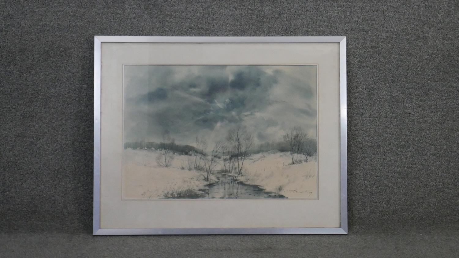 Pierre Chariot (1929 - ) A framed and glazed snowy winter riverscape. Signed. H.53 W.66cm - Image 2 of 4