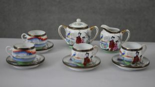 A vintage four person Lantern hand painted Japanese tea set. Makers stamp to the base. H.9 W.13cm (