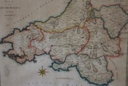 A framed and glazed 19th century hand coloured map of South Wales. H.56 W.66 cm.