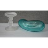 A turquoise blown art glass pebble along with a frosted glass tazza with cherub design stem. H.10