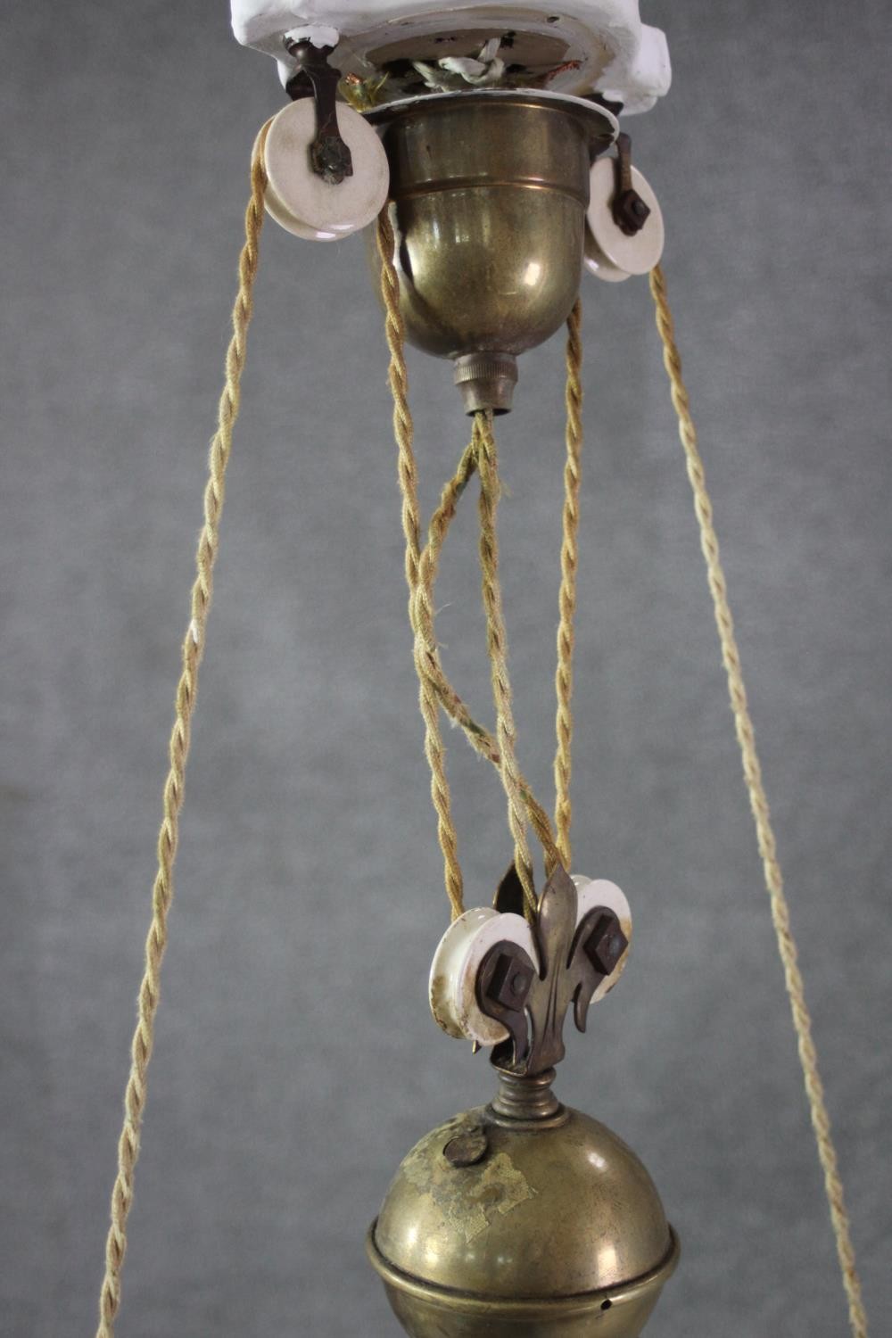 A French brass rise and fall ceiling light with original opaque white glass shades. H.100 w.70 CM - Image 4 of 6