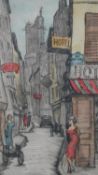 A framed and glazed hand coloured etching of a French street scene, indistinctly signed and