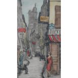 A framed and glazed hand coloured etching of a French street scene, indistinctly signed and
