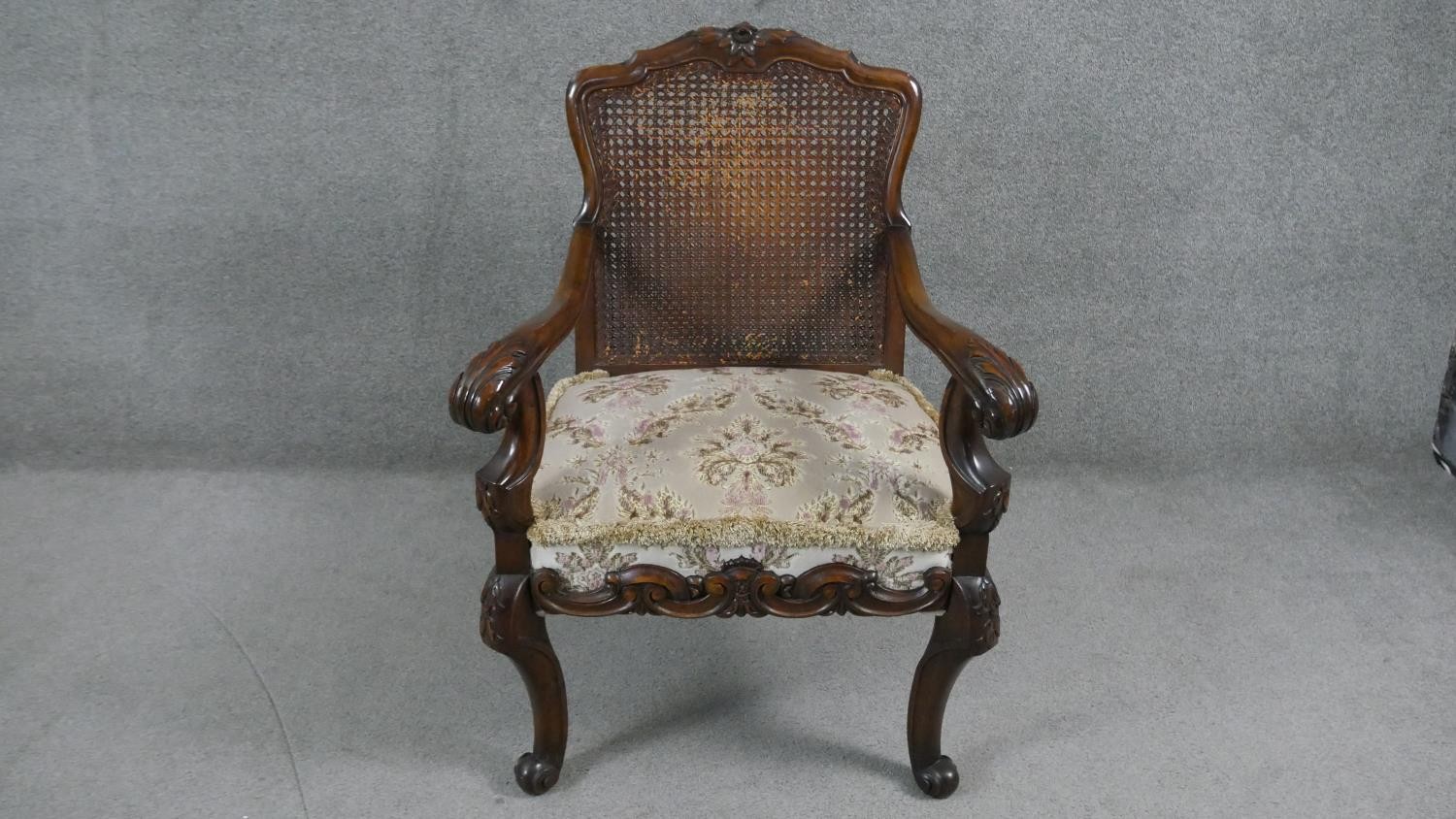 A pair of early 20th century carved walnut Continental style armchairs with caned backs above cut - Image 2 of 6