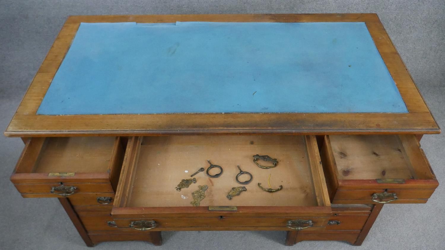 A late 19th century walnut pedestal desk with an arrangement of nine drawers on stile supports. H.66 - Image 5 of 8