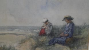A framed and glazed 19th century watercolour, ladies at the beach. Indistinctly signed. H.55 W.65cm