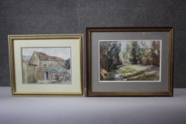 Two framed and glazed watercolours. One of a wooded road, signed R Bush and the other of a