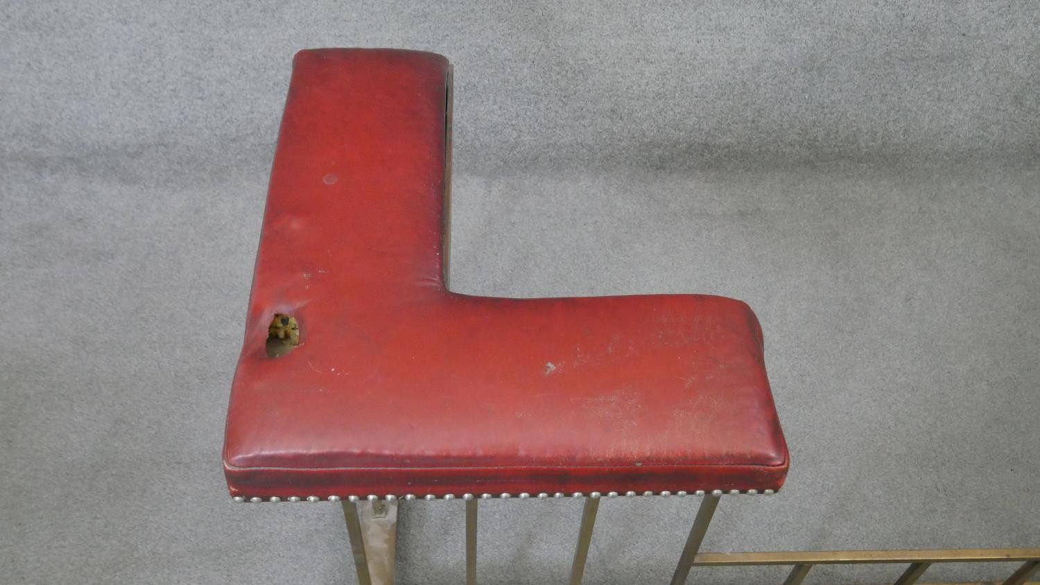 A C.1900 brass club fender in studded leather upholstery. H.62 W.150 D.57 cm (Leather damaged as - Image 3 of 6
