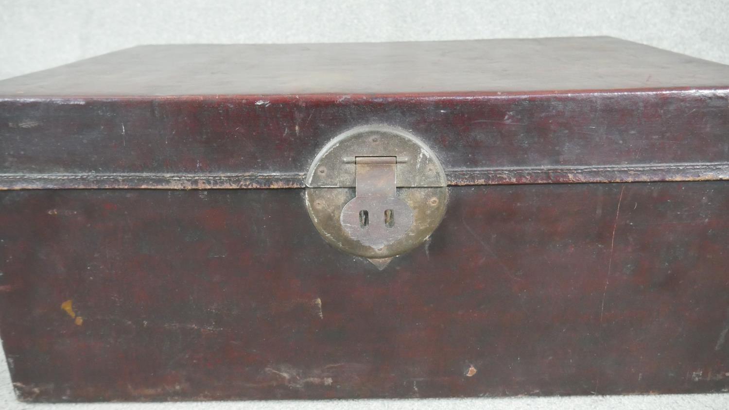 A Chinese leather wedding box with fabric interior and brass fittings. H.36t W.76 D.48cm - Image 4 of 8