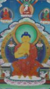 A gilt framed early 20th century painted Tibetan Thanka with Buddha. H.78 W.55 cm