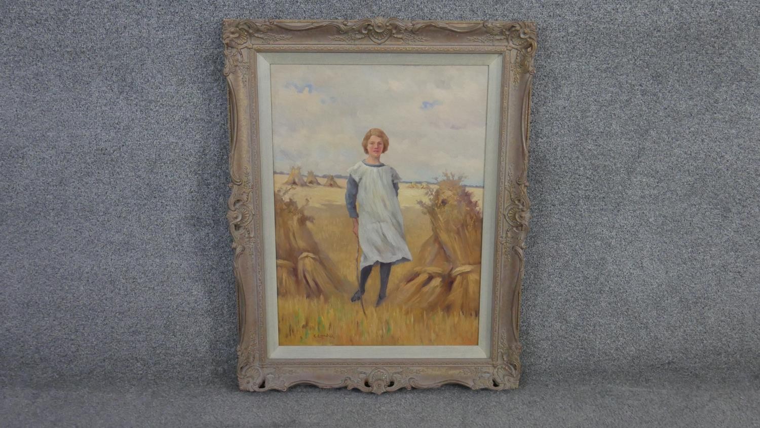 Ernest Copestick -a framed oil on canvas of a girl in a hay field. Signed. H.72 W.56cm - Image 2 of 5