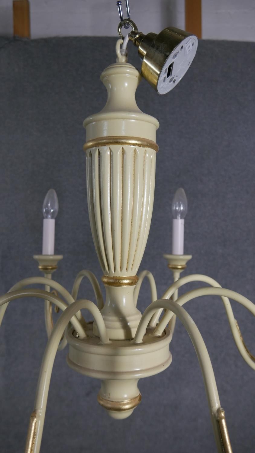 A large cream painted and gilded carved and metal scrolling design eight branch chandelier. H.50 W. - Image 3 of 4