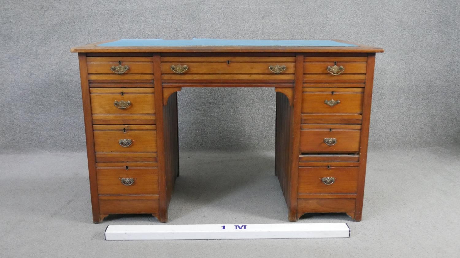 A late 19th century walnut pedestal desk with an arrangement of nine drawers on stile supports. H.66 - Image 8 of 8