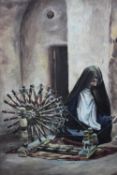 An oil on canvas of a Middle Eastern woman with spinning wheel. Indistinctly signed. H.80 W.60 cm.