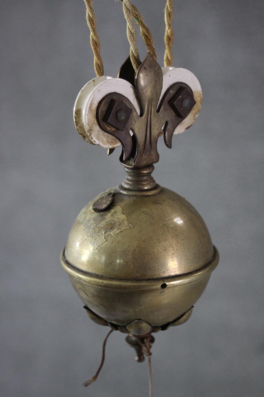 A French brass rise and fall ceiling light with original opaque white glass shades. H.100 w.70 CM - Image 6 of 6