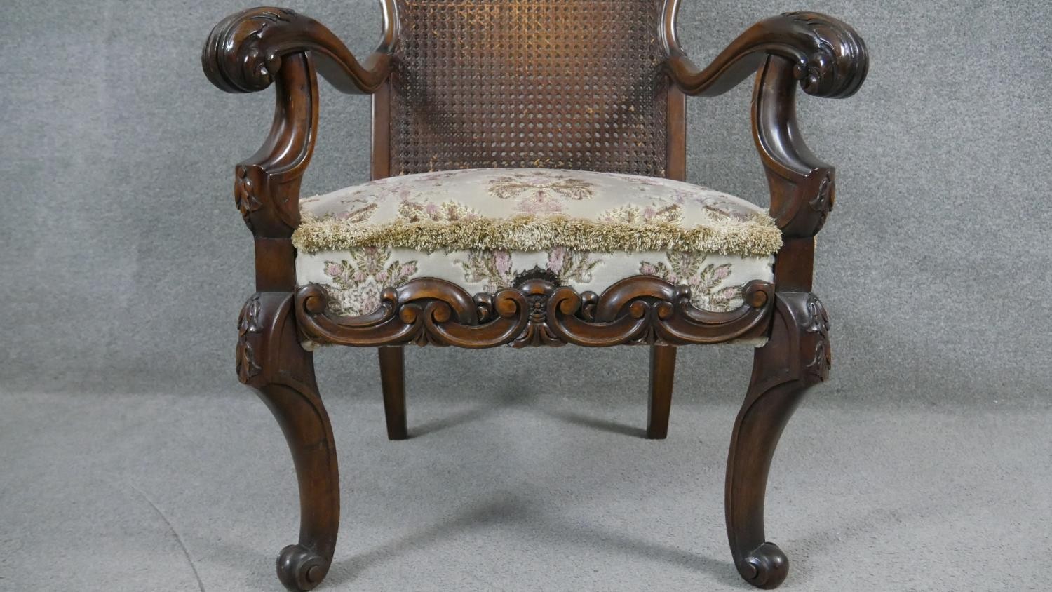 A pair of early 20th century carved walnut Continental style armchairs with caned backs above cut - Image 5 of 6