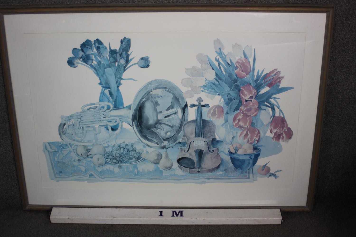 A large framed and glazed print of a still life with violin, tuba and flowers. H.90 W.130 cm - Image 4 of 4