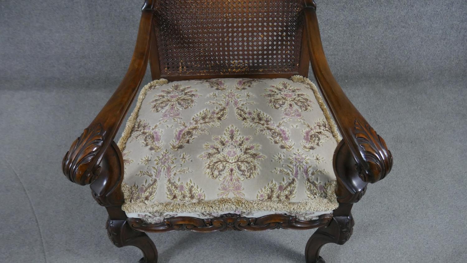 A pair of early 20th century carved walnut Continental style armchairs with caned backs above cut - Image 3 of 6