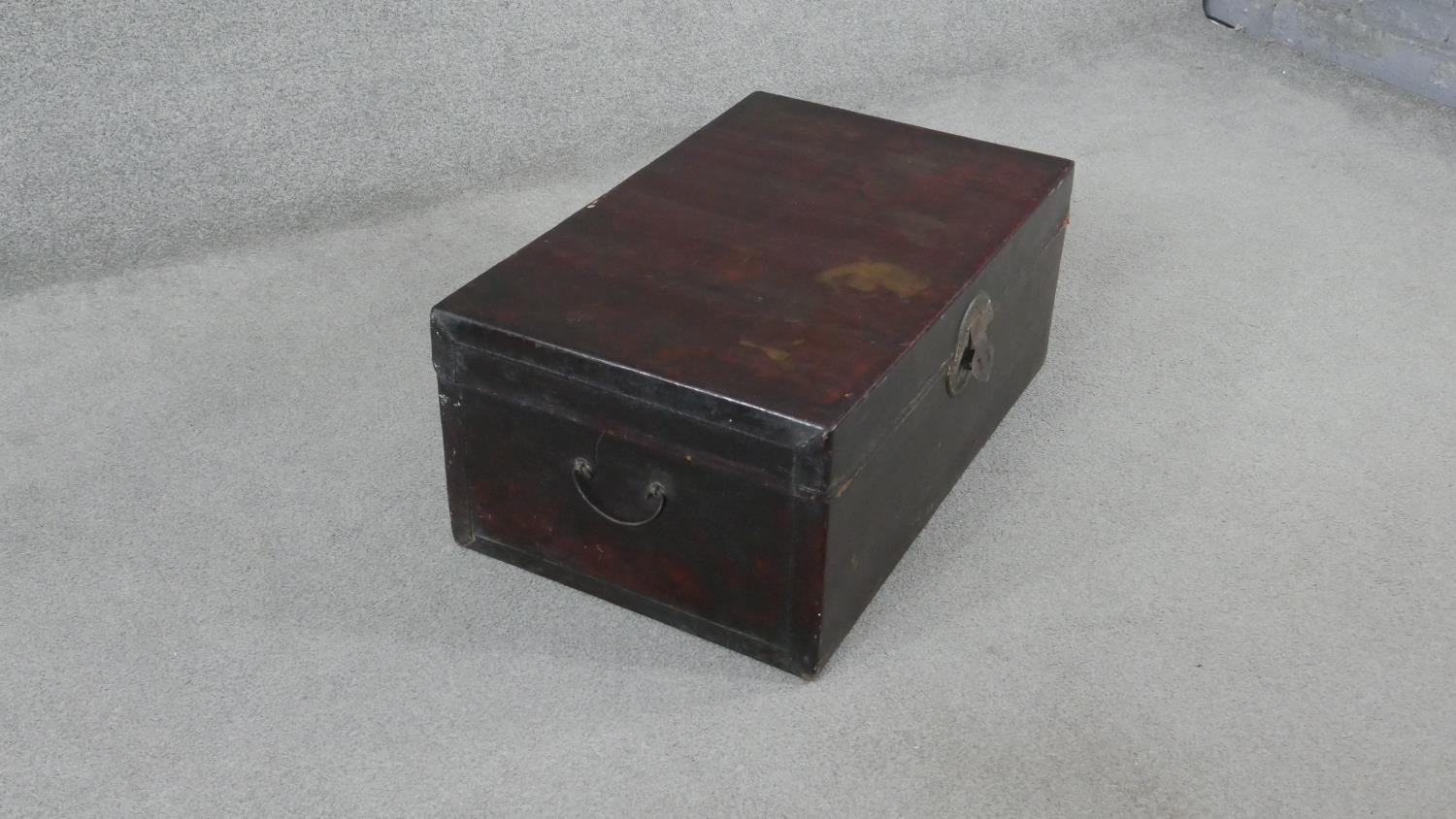 A Chinese leather wedding box with fabric interior and brass fittings. H.36t W.76 D.48cm - Image 3 of 8