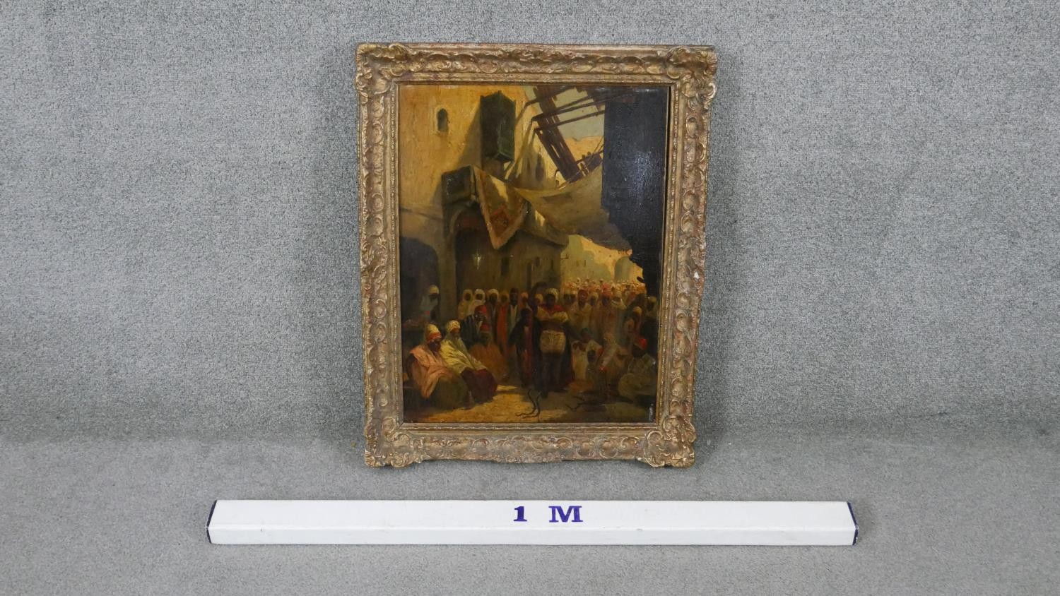 A carved giltwood framed 19th century oil on panel of a bazaar snake charming scene. Indistinctly - Image 4 of 7