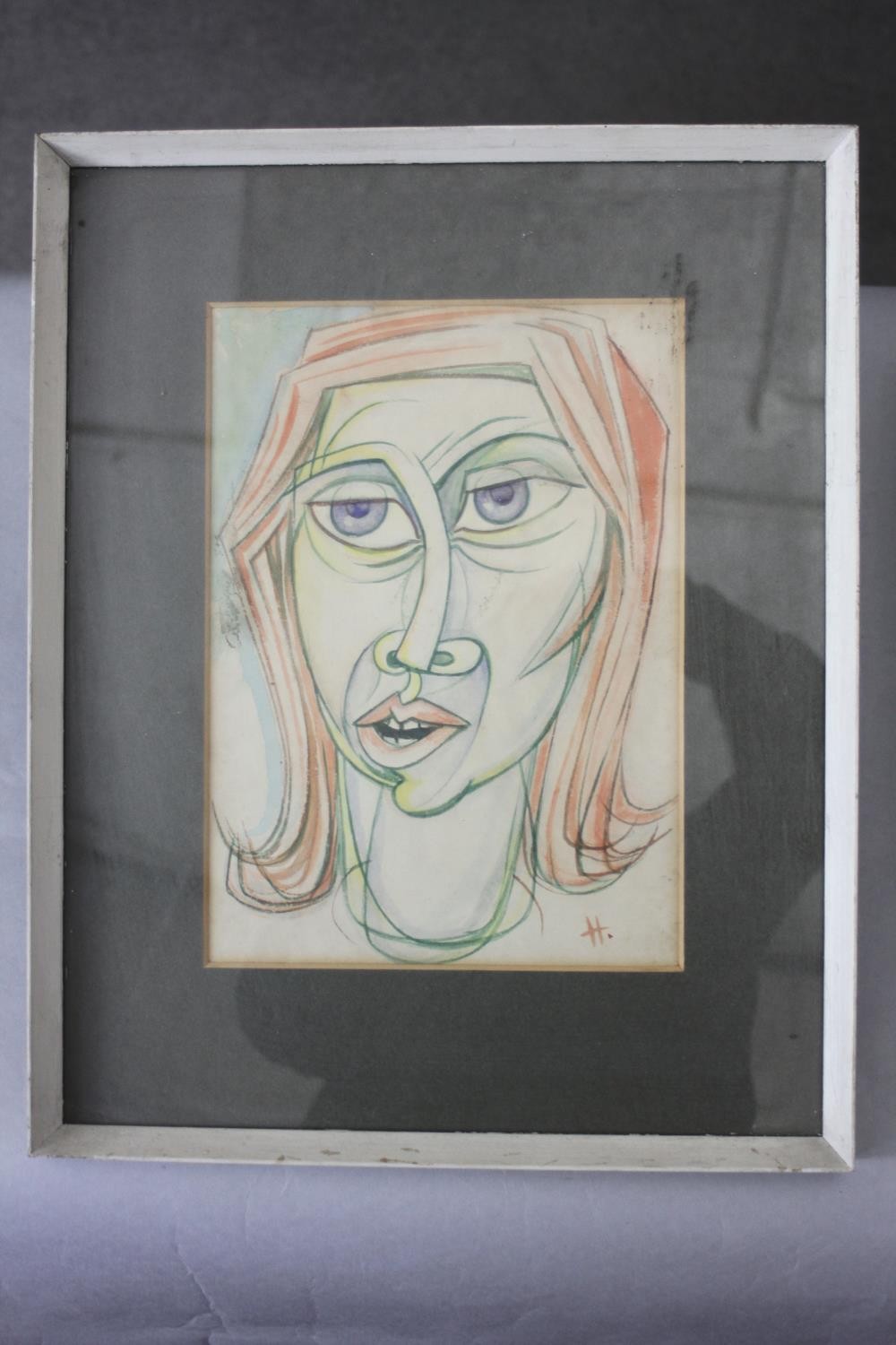 Gertrude Halsband (1917 - 1981) - a framed and glazed watercolour Picasso style self portrait. - Image 2 of 4