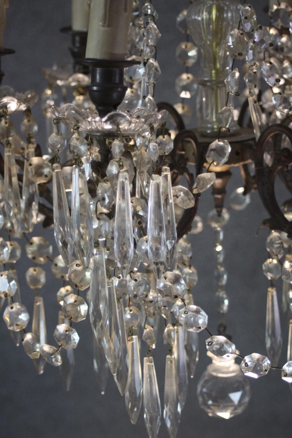 A vintage cut crystal and brass six branch chandelier with crystal swags and faceted ball to the - Image 2 of 8